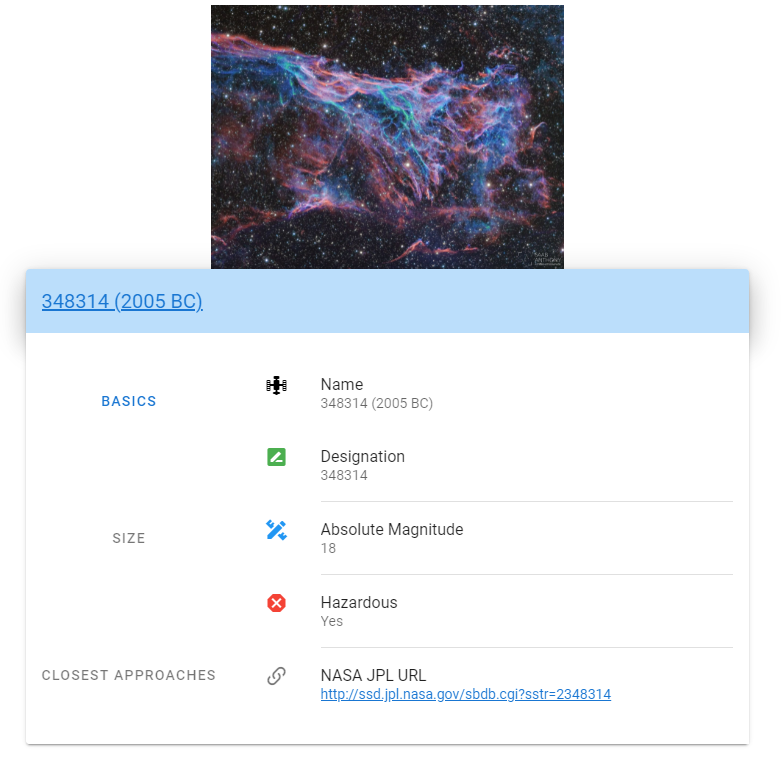 Displaying details for a selected asteroid